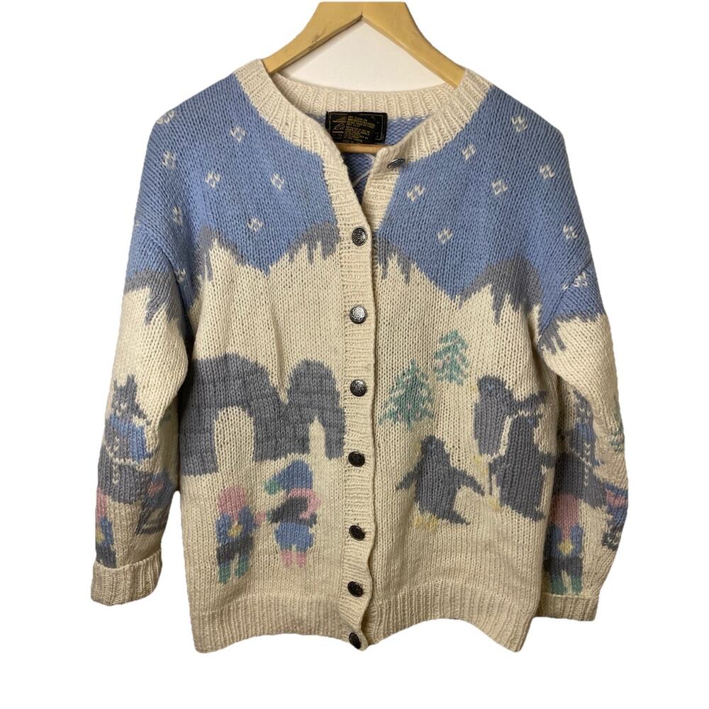 VTG 90s Eddie Bauer Cardigan Sweater Penguins Igloo North Pole Winter Scene S/M